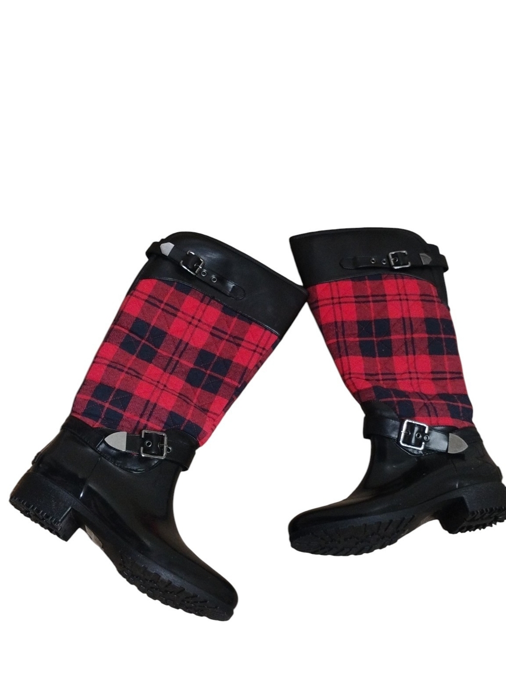Charlie Paige Red Plaid Quilted Tall Rain Boots w Black Trim Size 10 - Picture 6 of 11